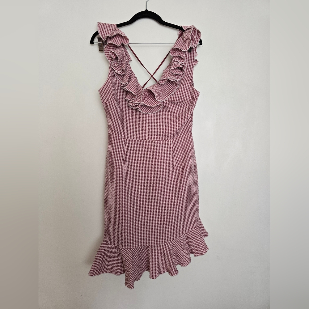Wayf Gingham Check Seersucker Mini Dress red & white V-neck Lace up Ruffles